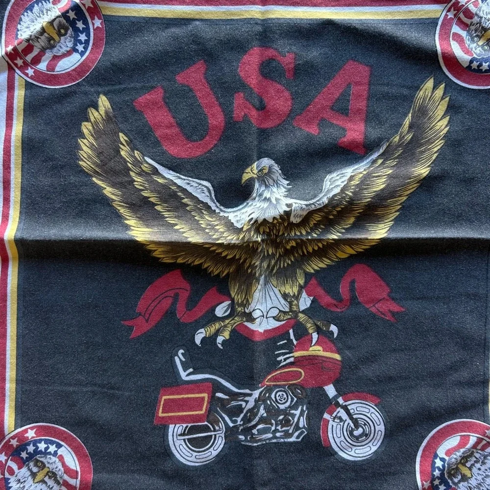 Vintage USA Bandana Adult 20x21 Faded Black Cotton Eagle Shield Biker 80s
